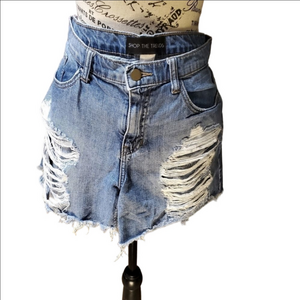 Shop the Trends extremely distressed raw hem blue wash jean shorts size 10
